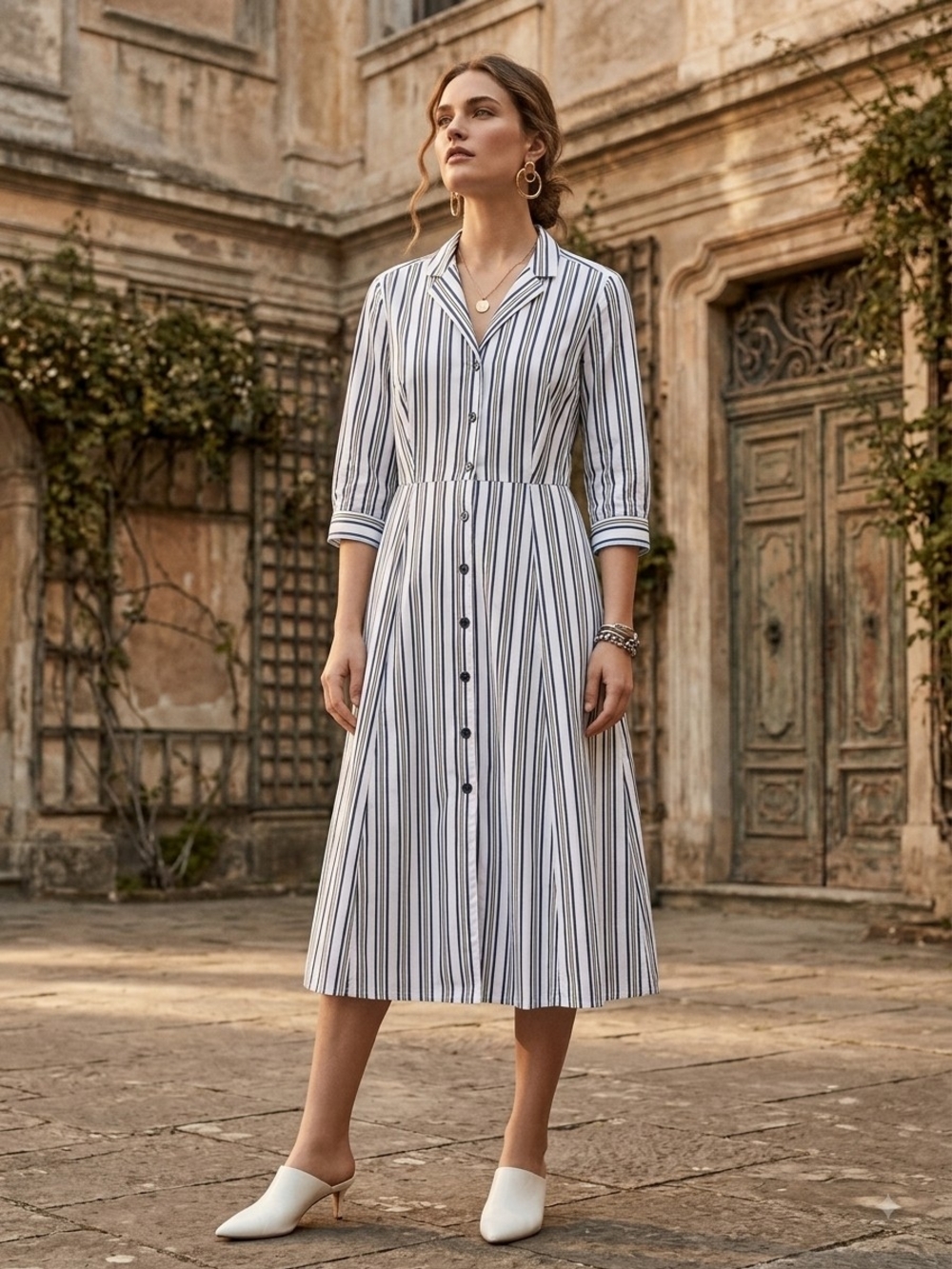 Mlle Gabrielle Striped Button-Front Midi Dress in White and Navy